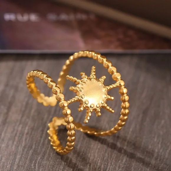 Stainless Steel Gold Tone Sunburst Adjustable Ring (R42) - Picture 8 of 10